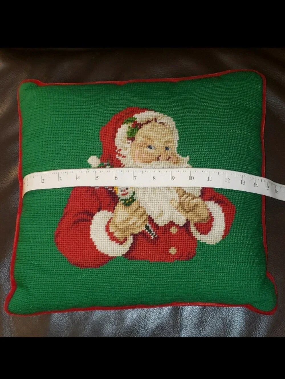 Vintage Mischievous Looking Santa With Jester/Clown Toy Needlepoint Pillow
